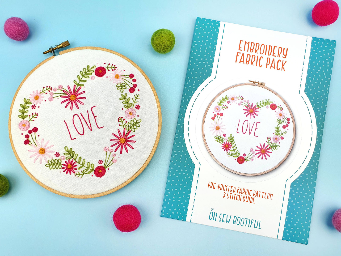 Floral Love Heart Handmade Embroidery Pattern Fabric Pack