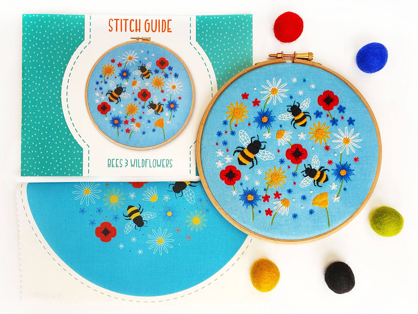 Bees and Wildflowers Handmade Embroidery Pattern Fabric Pack