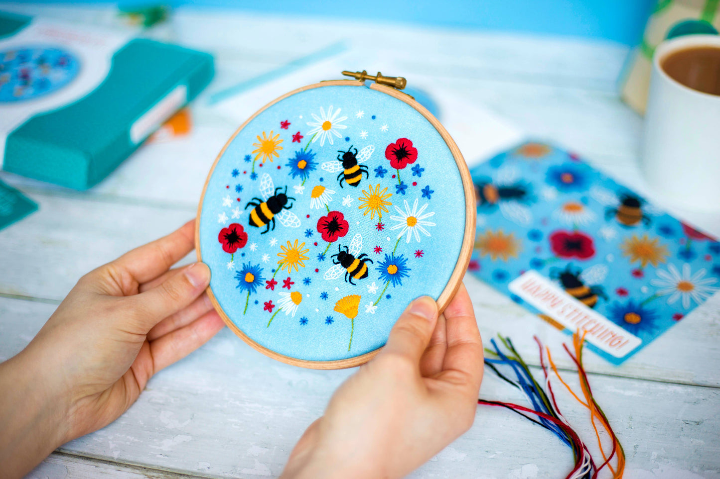 Bees and Wildflowers Handmade Embroidery Kit Hoop Art