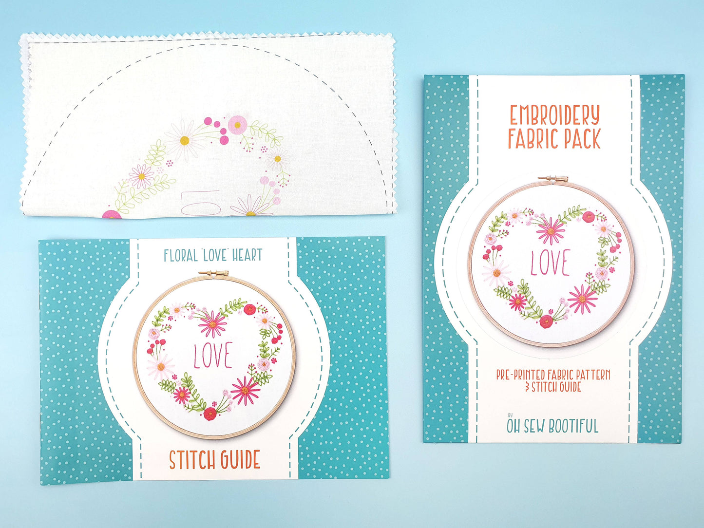 Floral Love Heart Handmade Embroidery Pattern Fabric Pack